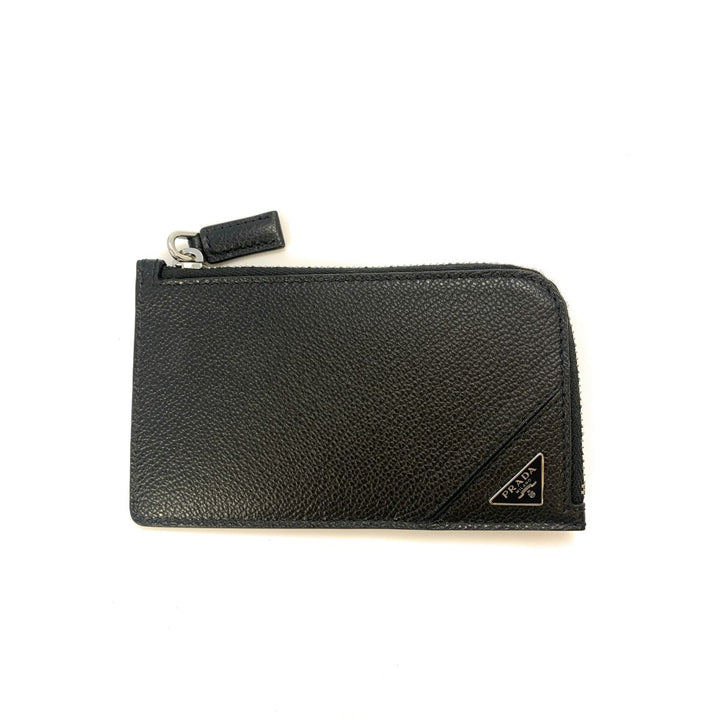Prada Men's Vitello Micro Grain Black Leather Zipper Card Case Wallet 2MC021