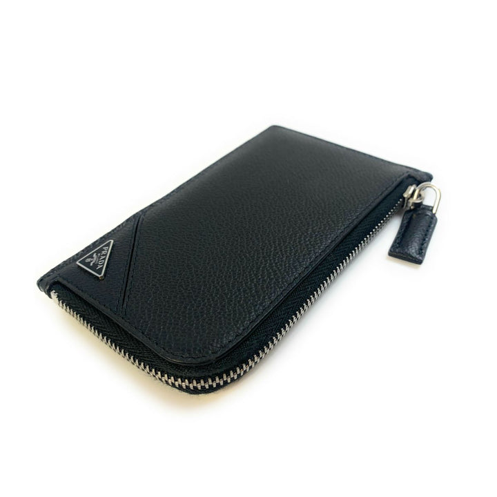 Prada Men's Vitello Micro Grain Black Leather Zipper Card Case Wallet 2MC021