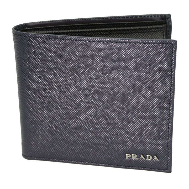 Prada Navy Black Bicolor Saffiano Leather Logo Bifold Wallet 2MO738