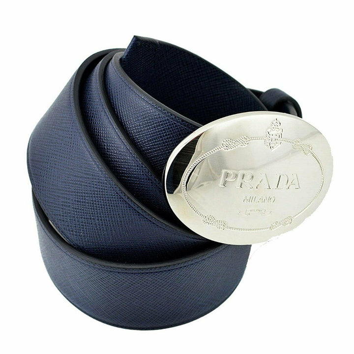 Prada Navy Blue Saffiano Leather Belt w Silver Belt Buckle 2CM046 Size 90 / 36