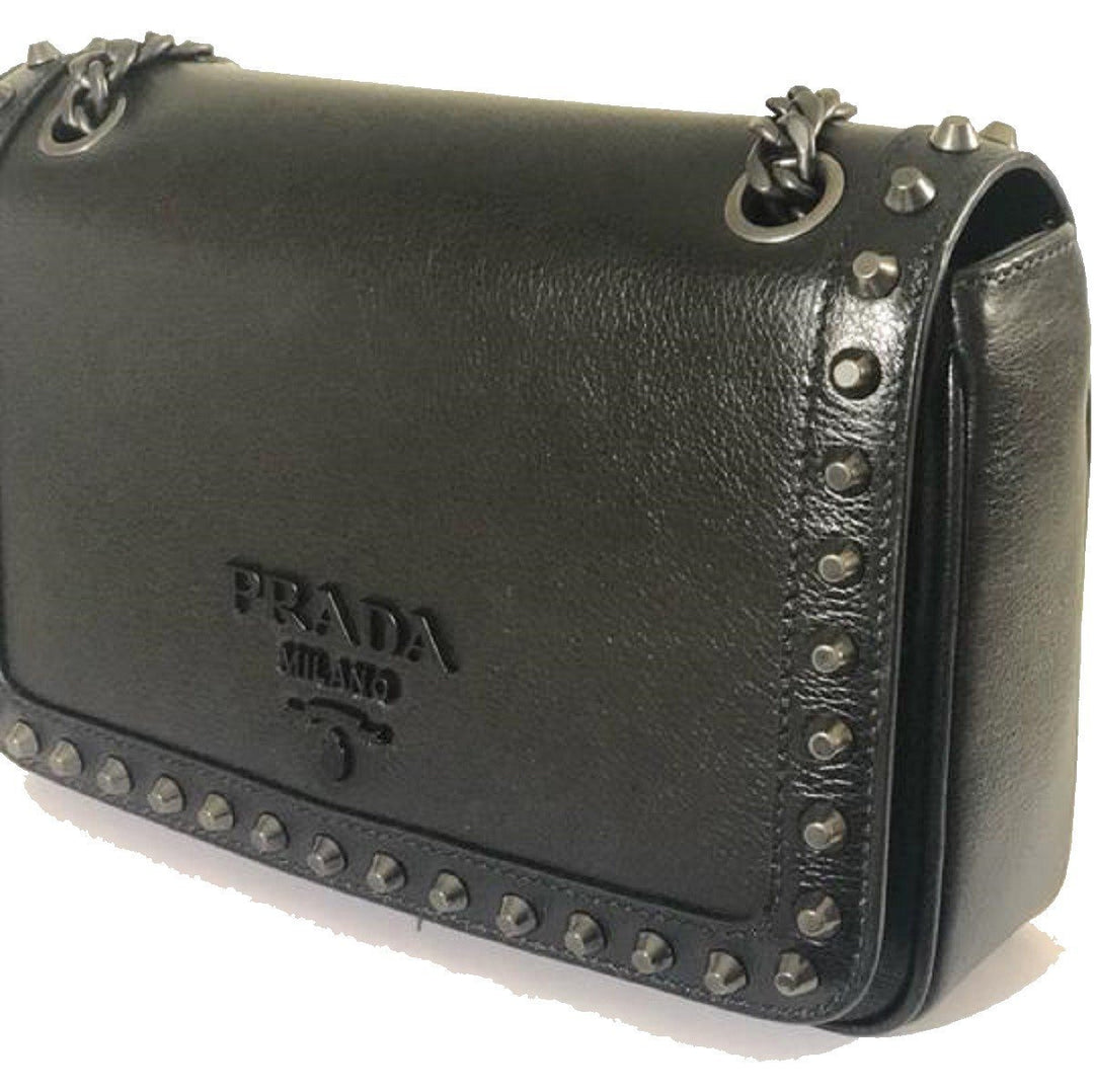 Prada Pattina Glace Calf Leather Nero Black Pattina Studded Bag 1BD147