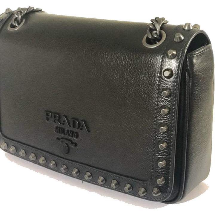 Prada Pattina Glace Calf Leather Nero Black Pattina Studded Bag 1BD147