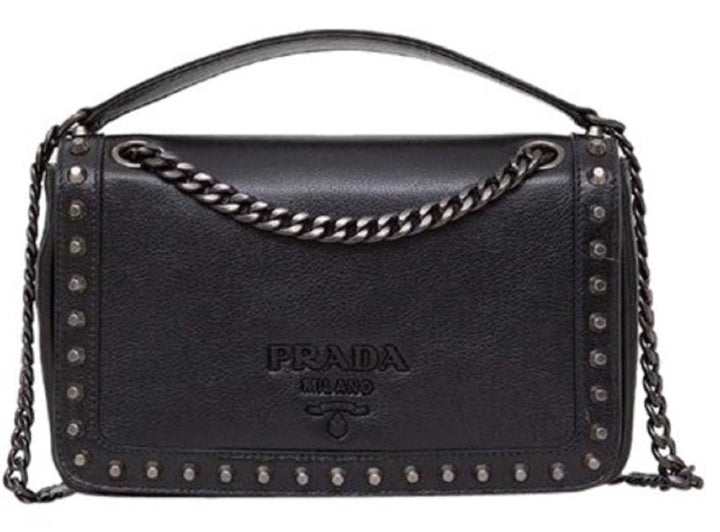 Prada Pattina Glace Calf Leather Nero Black Pattina Studded Bag 1BD147