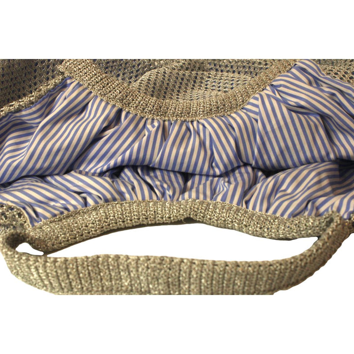 Prada Rete Metallic Silver Woven Mesh Striped Lining Tote Bag 1BC039