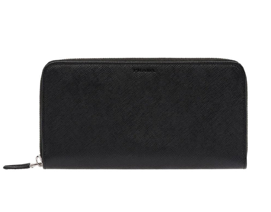 Prada Saffiano Active Black Leather Stripe Zip Around Wallet 2ML317