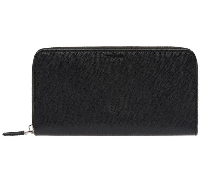 Prada Saffiano Active Black Leather Stripe Zip Around Wallet 2ML317