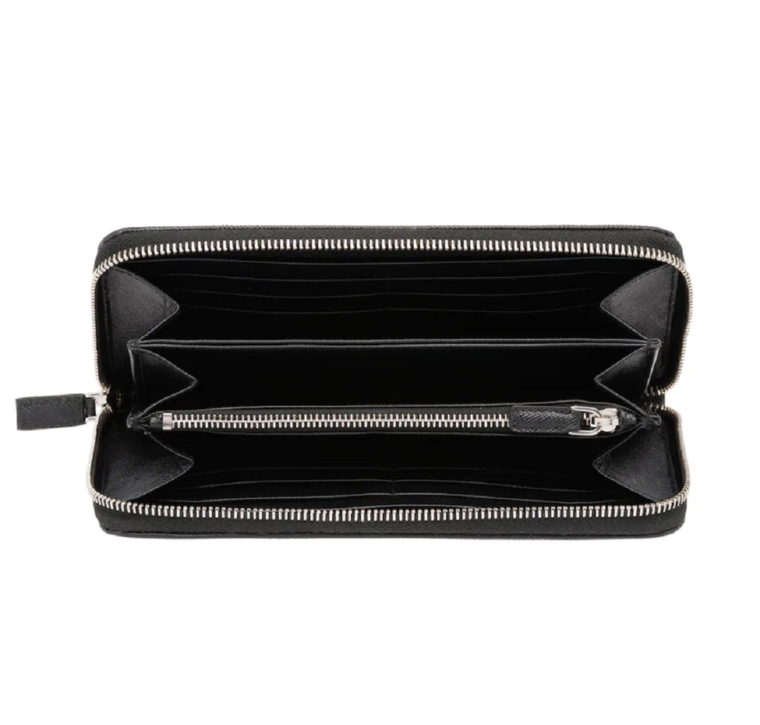 Prada Saffiano Active Black Leather Stripe Zip Around Wallet 2ML317