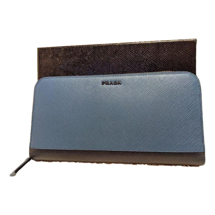 Prada Saffiano Active Coblato Blue Leather Baltico Stripe Zip Around Wallet 2ML317
