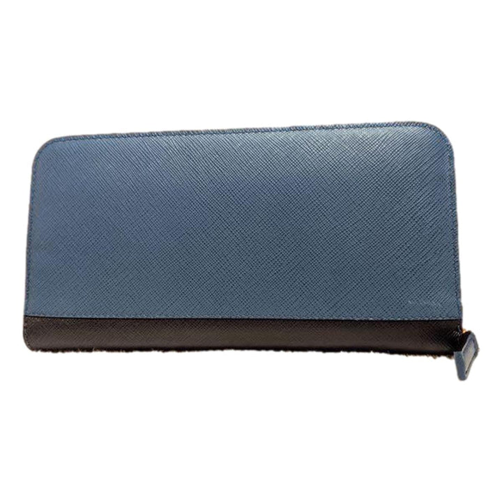 Prada Saffiano Active Coblato Blue Leather Baltico Stripe Zip Around Wallet 2ML317