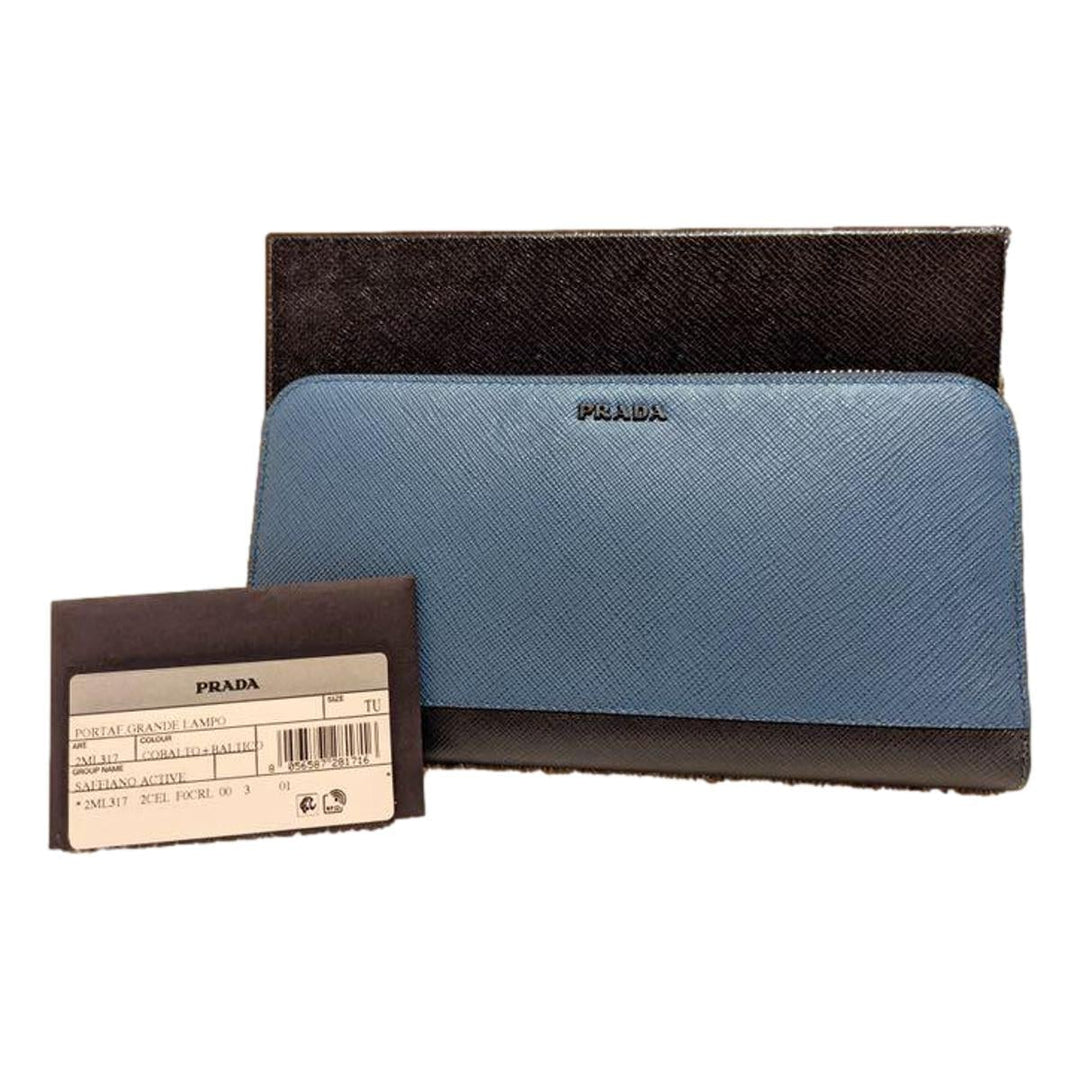 Prada Saffiano Active Coblato Blue Leather Baltico Stripe Zip Around Wallet 2ML317