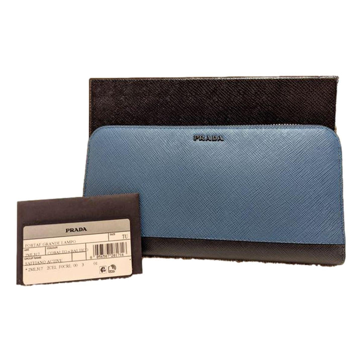 Prada Saffiano Active Coblato Blue Leather Baltico Stripe Zip Around Wallet 2ML317
