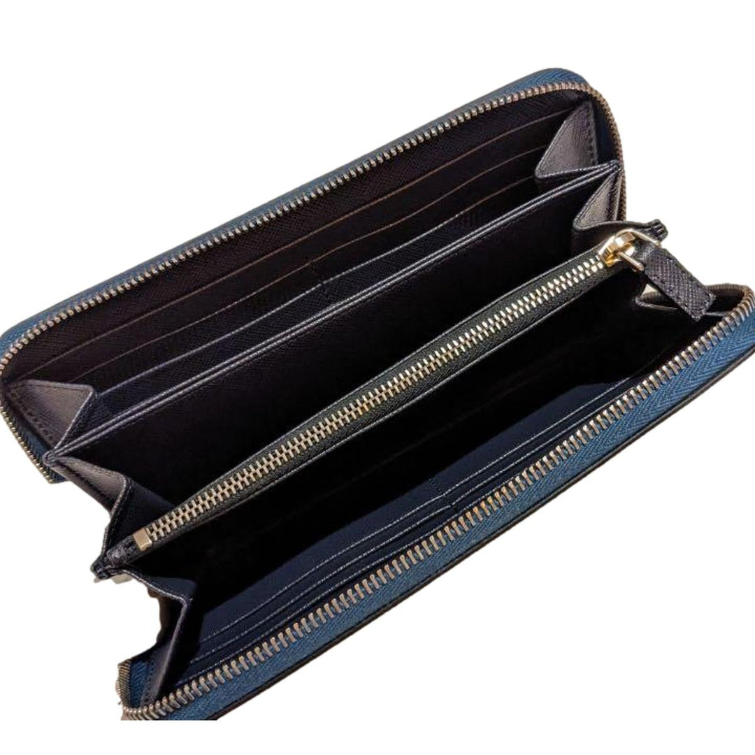 Prada Saffiano Active Coblato Blue Leather Baltico Stripe Zip Around Wallet 2ML317