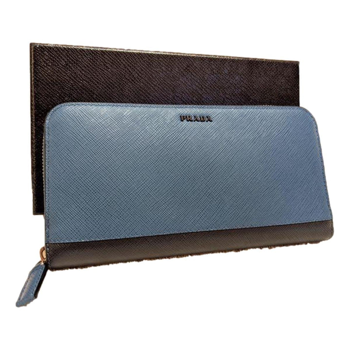 Prada Saffiano Active Coblato Blue Leather Baltico Stripe Zip Around Wallet 2ML317