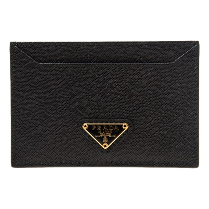 Prada Saffiano Leather Black Gold Triangle Logo Card Holder 1MC208