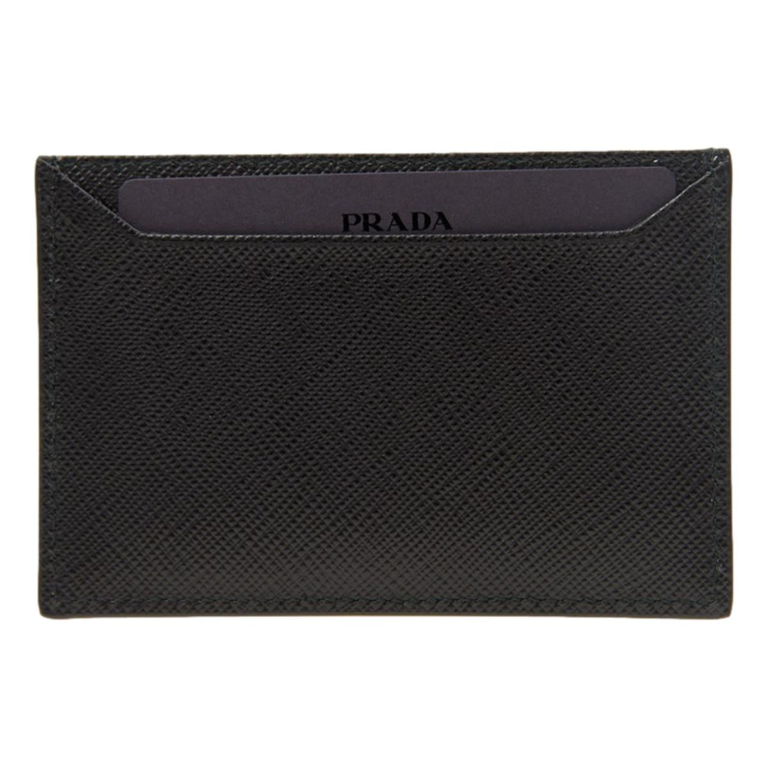 Prada Saffiano Leather Black Gold Triangle Logo Card Holder 1MC208