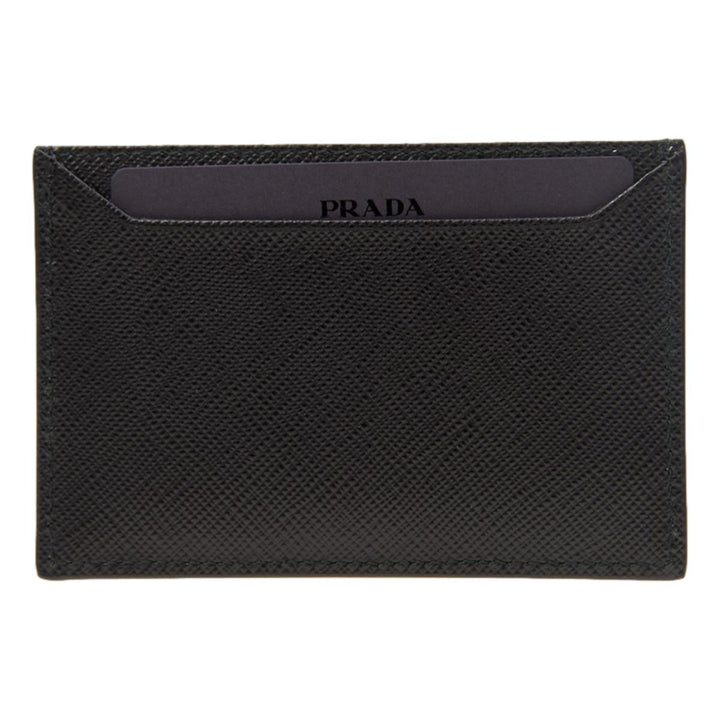 Prada Saffiano Leather Black Gold Triangle Logo Card Holder 1MC208
