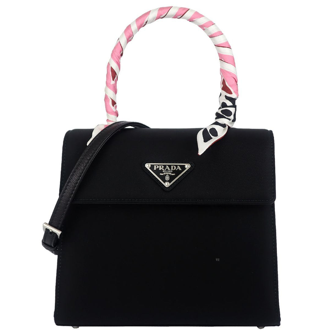 Prada Tessuto Foulard Handbag Silk Wrapped Handle Black Petalo 1BA656