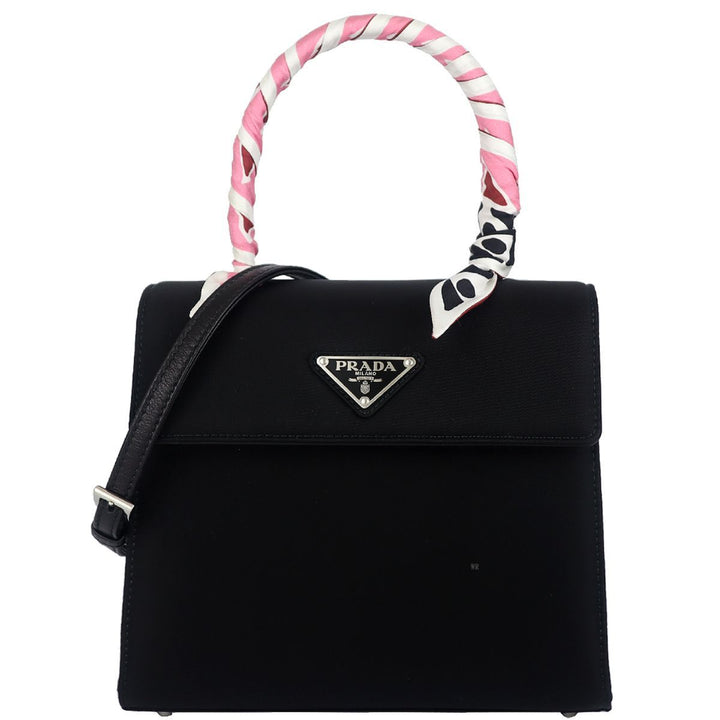 Prada Tessuto Foulard Handbag Silk Wrapped Handle Black Petalo 1BA656