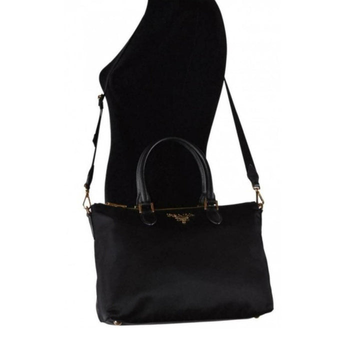 Prada Tessuto Nylon Saffiano Leather Trim Black Medium Satchel 1BA278