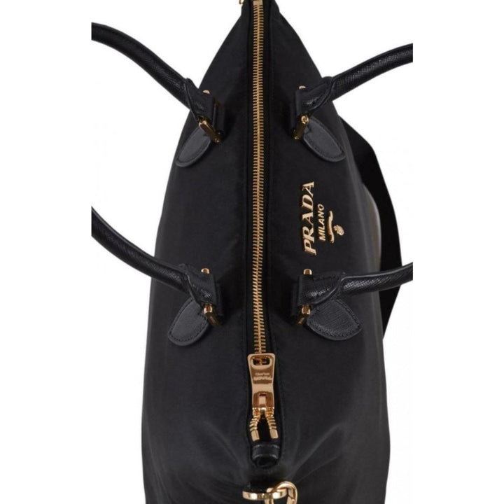 Prada Tessuto Nylon Saffiano Leather Trim Black Medium Satchel 1BA278