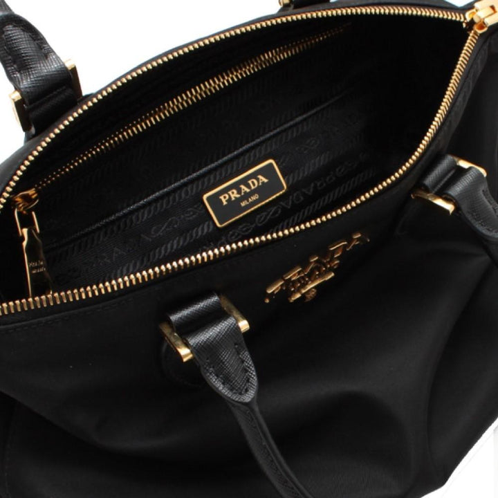 Prada Tessuto Nylon Saffiano Leather Trim Black Small Satchel 1BA275