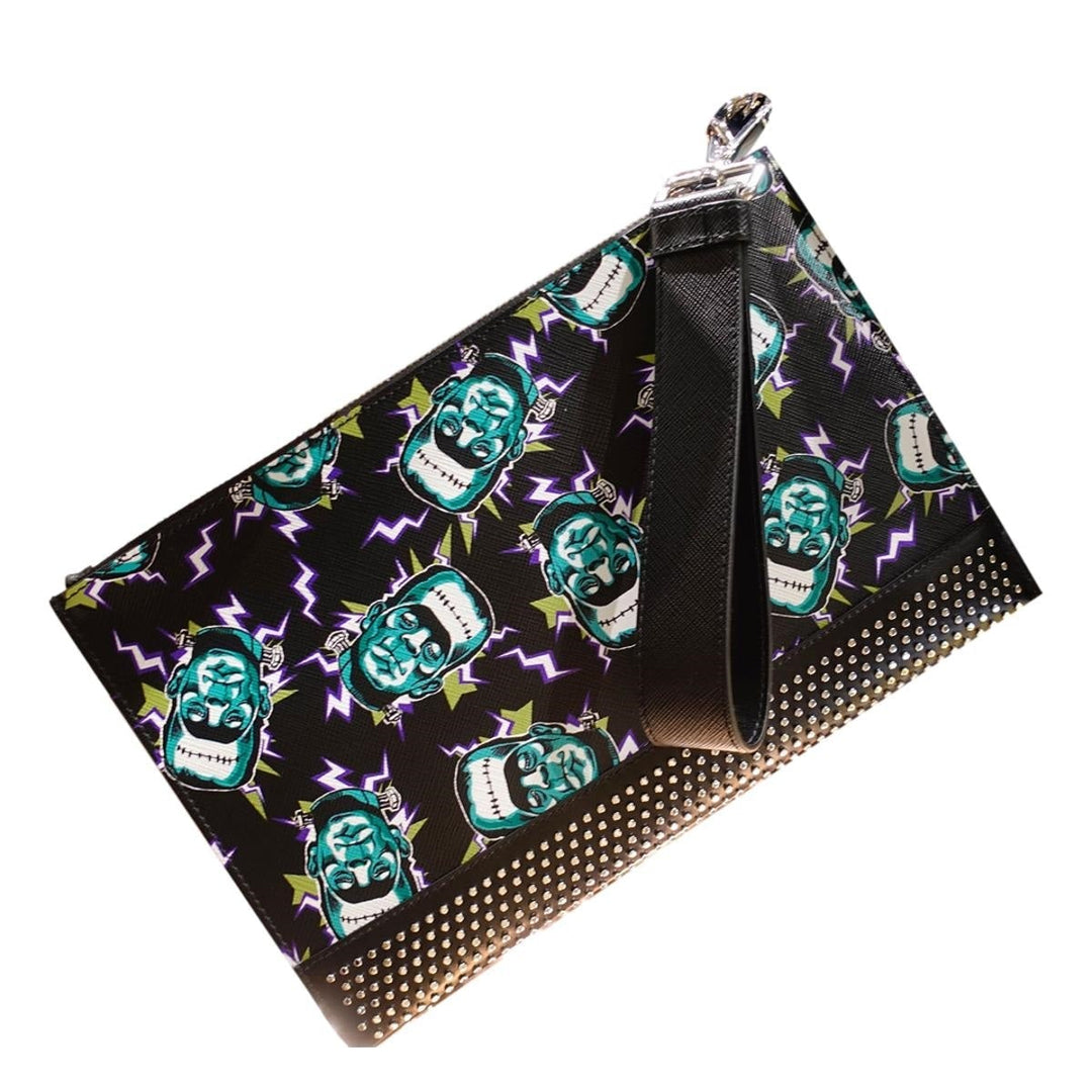 Prada Thunder Frankenstein Black Leather Studded Wristlet Bag 2NH005