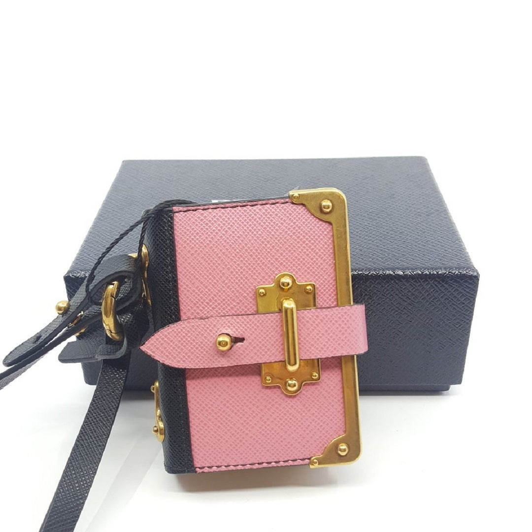 Prada Trick in Pelle Pink Black Gold-tone Hardware Keychain Journal Saffiano Leather 1TL058