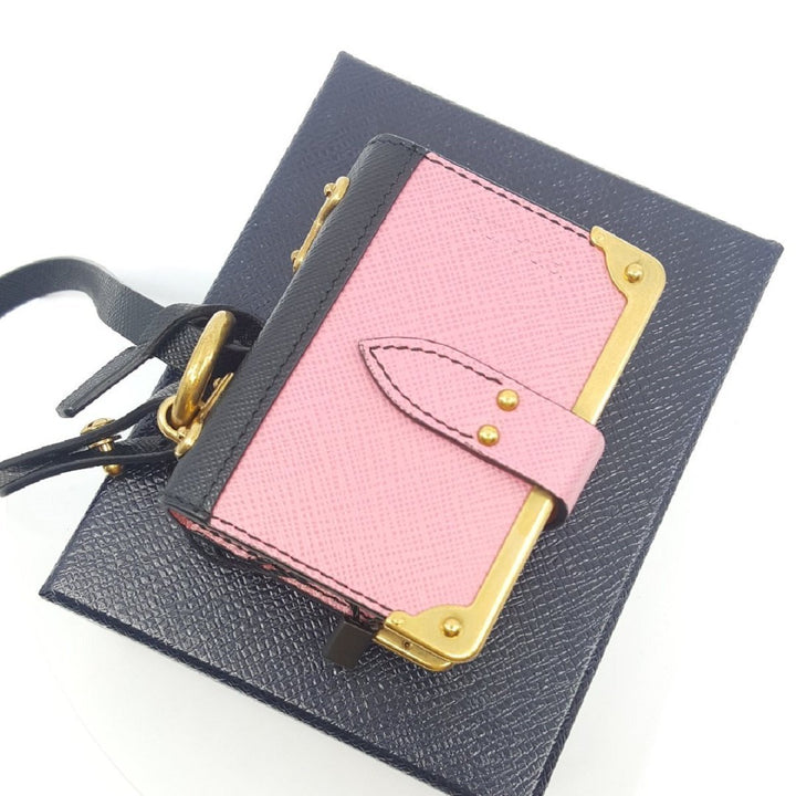Prada Trick in Pelle Pink Black Gold-tone Hardware Keychain Journal Saffiano Leather 1TL058