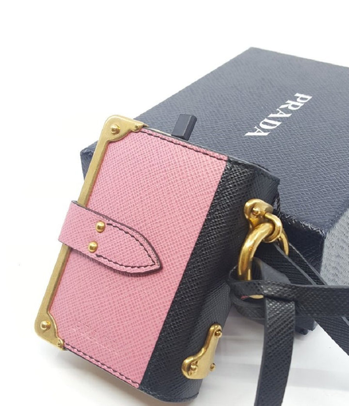 Prada Trick in Pelle Pink Black Gold-tone Hardware Keychain Journal Saffiano Leather 1TL058