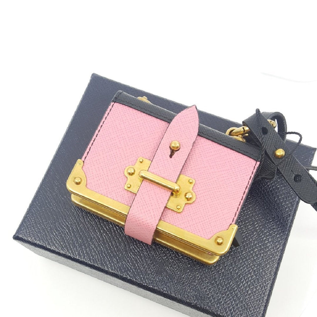 Prada Trick in Pelle Pink Black Gold-tone Hardware Keychain Journal Saffiano Leather 1TL058