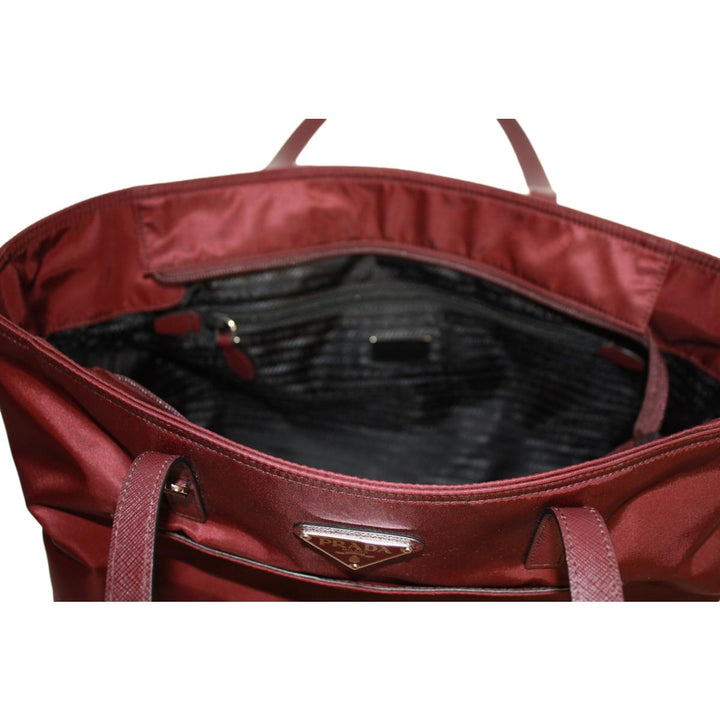 Prada Vela Bordeaux Red Tessuto Nylon Saffiano Leather Trim Tote Bag 1BG052