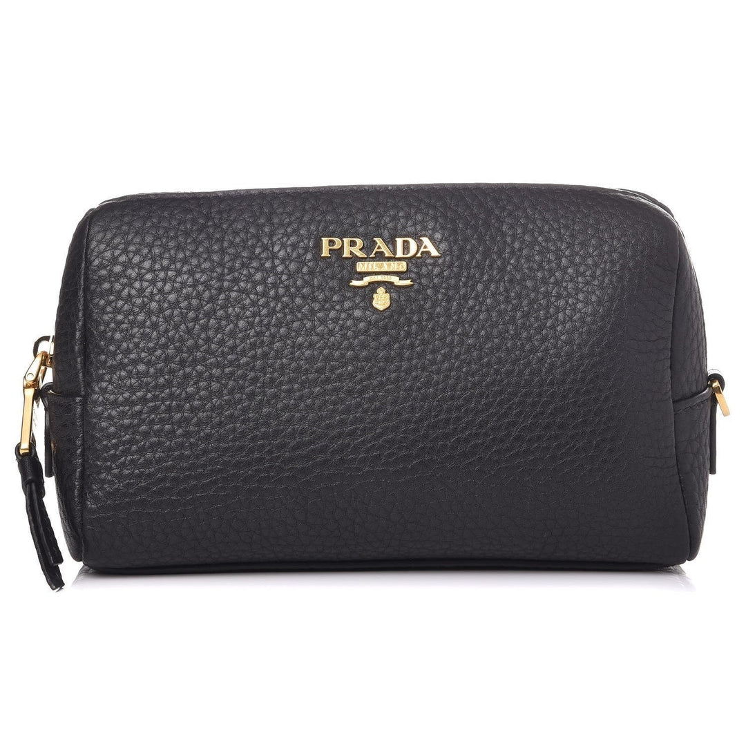 Prada Vitello Daino Black Leather Cosmetic Pouch 1ND004