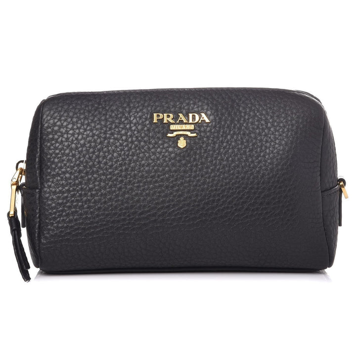 Prada Vitello Daino Black Leather Cosmetic Pouch 1ND004