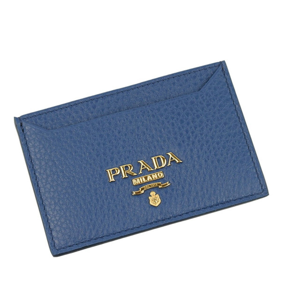 Prada Vitello Grain Leather Bluette Blue Gold Logo Card Holder 1MC208