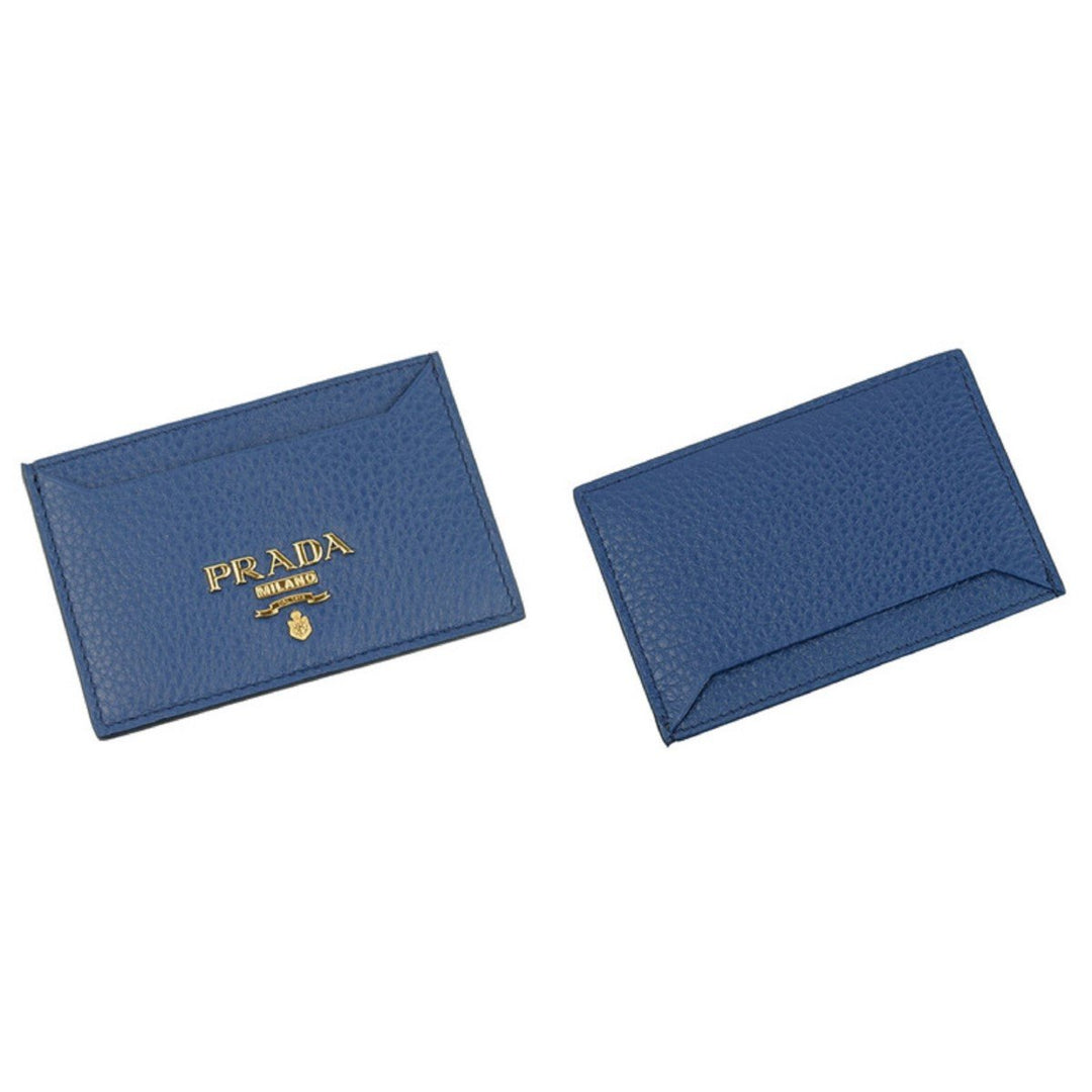 Prada Vitello Grain Leather Bluette Blue Gold Logo Card Holder 1MC208