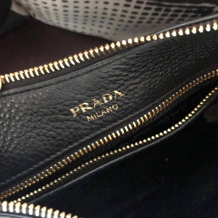 Prada Black Vitello Phenix Leather Web Stripe Strap Crossbody 1BC166