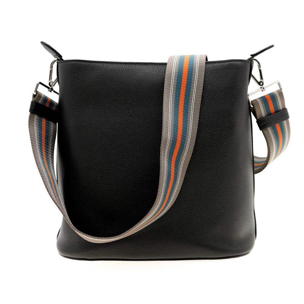 Prada Vitello Phenix Black Leather Stripe Strap Bucket Bag 1BE057