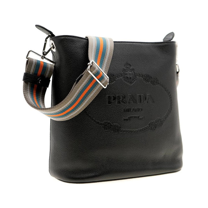Prada Vitello Phenix Black Leather Stripe Strap Bucket Bag 1BE057