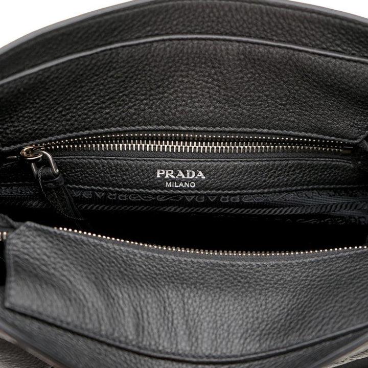 Prada Vitello Phenix Black Leather Stripe Strap Bucket Bag 1BE057