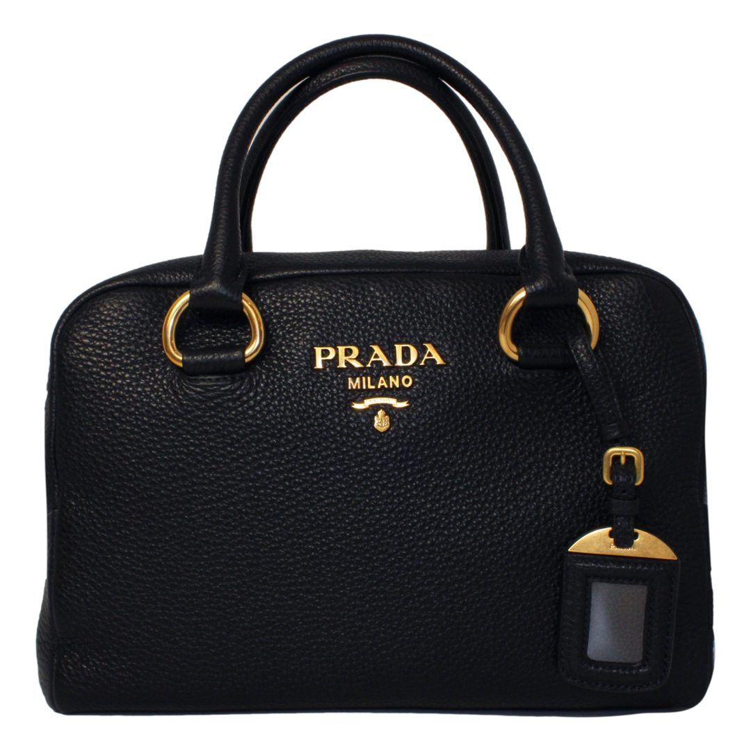 Prada Vitello Phenix Black Leather Stripe Strap Satchel Bag 1BB086
