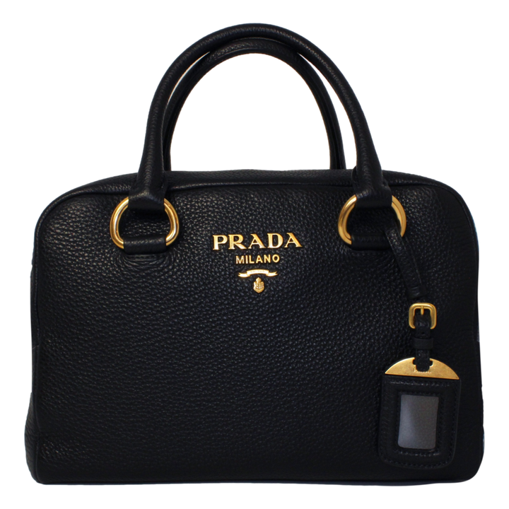 Prada Vitello Phenix Black Leather Stripe Strap Satchel Bag 1BB086