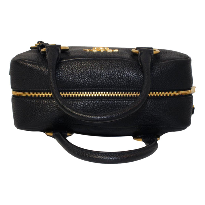Prada Vitello Phenix Black Leather Stripe Strap Satchel Bag 1BB086
