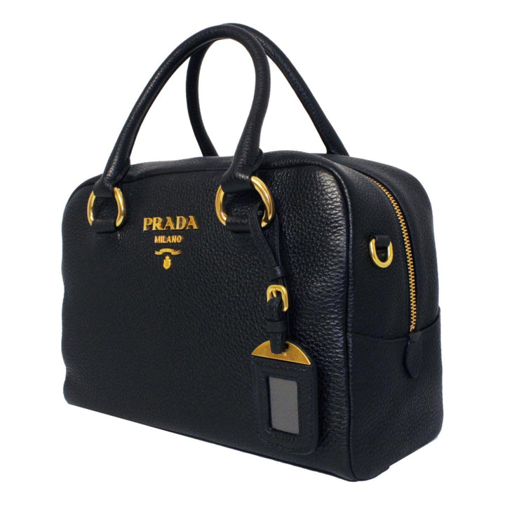 Prada Vitello Phenix Black Leather Stripe Strap Satchel Bag 1BB086