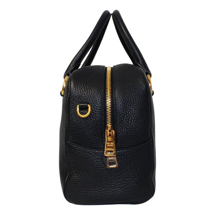 Prada Vitello Phenix Black Leather Stripe Strap Satchel Bag 1BB086