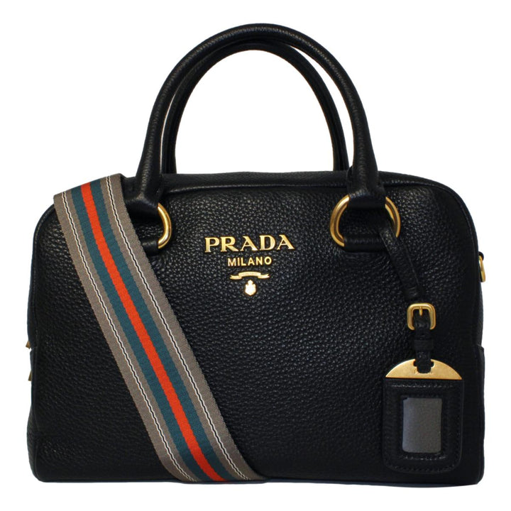 Prada Vitello Phenix Black Leather Stripe Strap Satchel Bag 1BB086