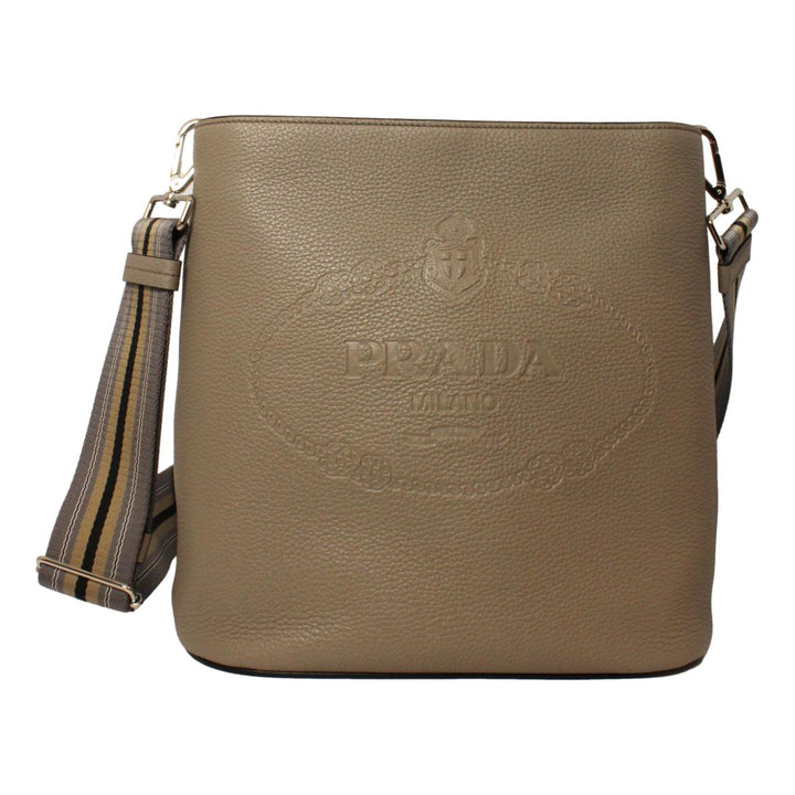 Prada Vitello Phenix Grey Leather Stripe Strap Bucket Bag 1BE057