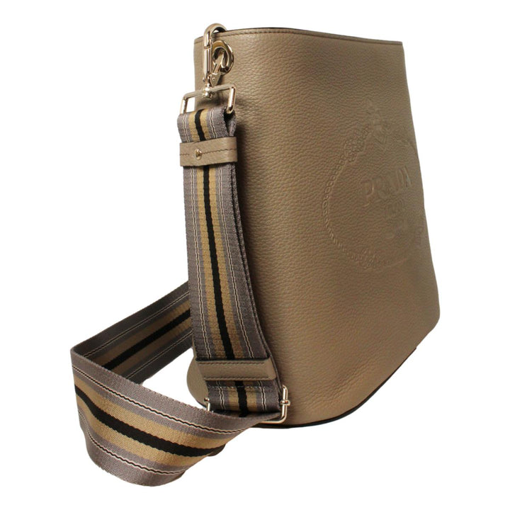Prada Vitello Phenix Grey Leather Stripe Strap Bucket Bag 1BE057