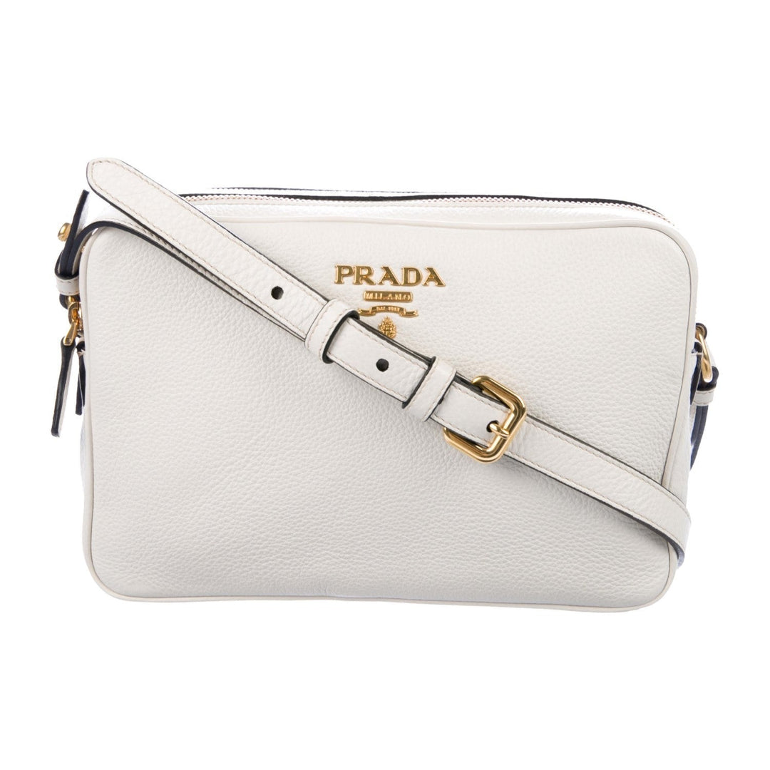 Prada Vitello Phenix White Leather Double Zip Camera Crossbody 1BH079