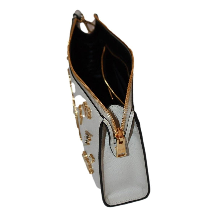 Prada White Saffiano Leather Gold Hearts Pouch Wristlet Bag 1NE007