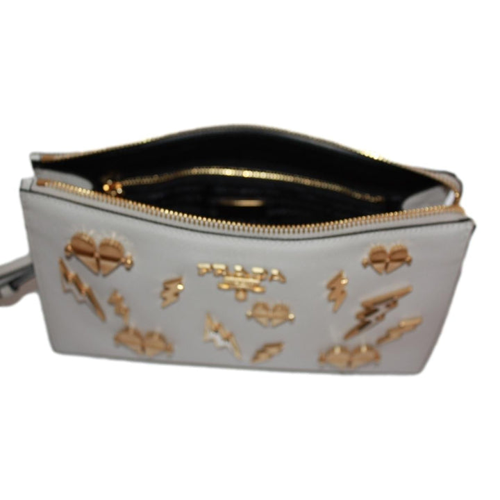 Prada White Saffiano Leather Gold Hearts Pouch Wristlet Bag 1NE007
